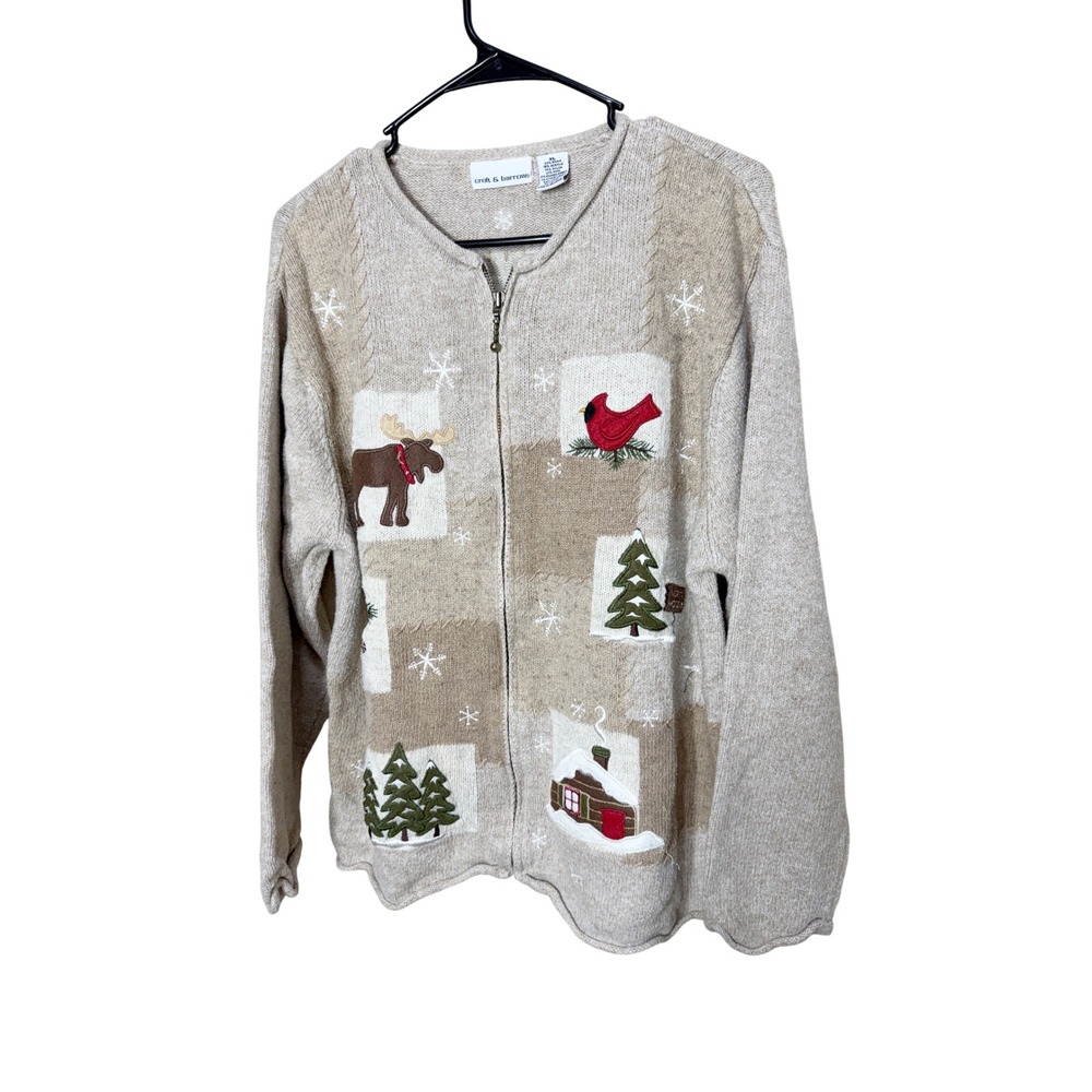 Vintage Croft & Barrow Wool Blend XL Full Zip Cardigan Sweater Winter Scene